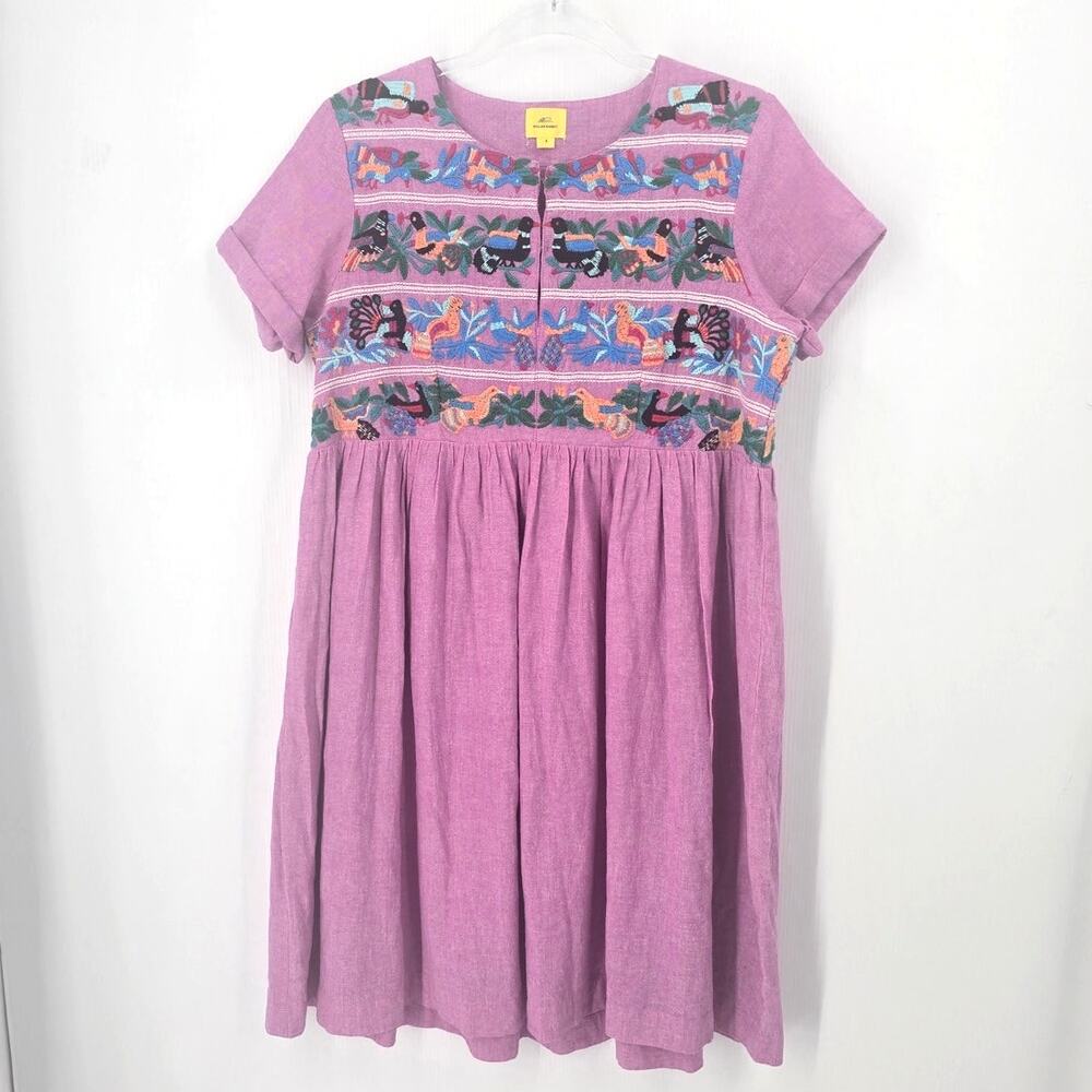 Roller Rabbit Terra Embroidered Folk Art Bird Cotton Dress Purple Multi Size S